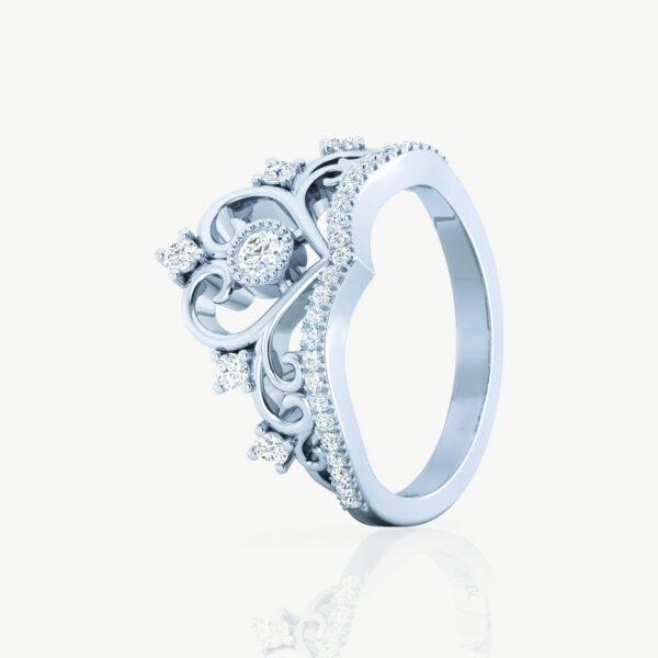 Heart and Round White Cubic Women's Crown Ring In 14k White Gold - Image 2