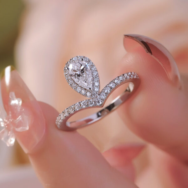 Pear Shape Diamond Halo and Wavy Style Shoulder Stone Engagement Ring - Image 2