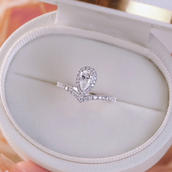 Pear Shape Diamond Halo and Wavy Style Shoulder Stone Engagement Ring - Image 5