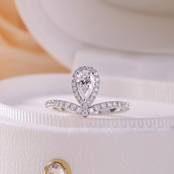 Pear Shape Diamond Halo and Wavy Style Shoulder Stone Engagement Ring - Image 3