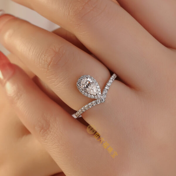 Pear Shape Diamond Halo and Wavy Style Shoulder Stone Engagement Ring - Image 4