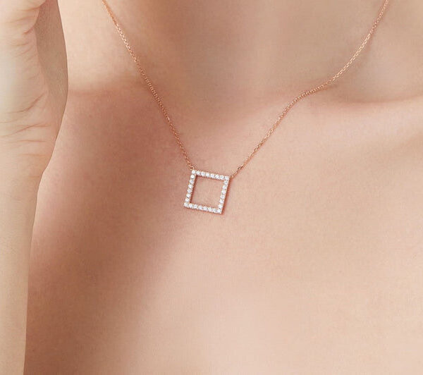 14KT Rose Gold Diamond Open Square Necklace - Image 4