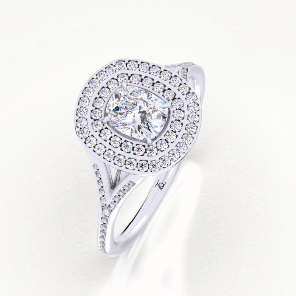 Double Halo Split Shank Cushion Cut Engagement Ring